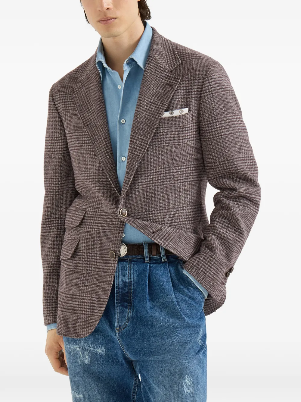 Brunello Cucinelli Prince of Wales Cavallo gedeconstrueerde flanellen blazer van wol en kasjmier Bruin