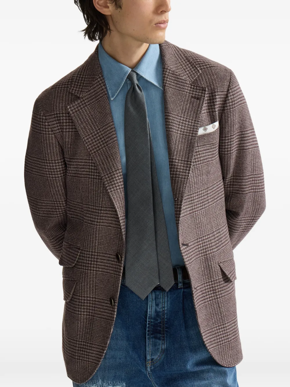 Brunello Cucinelli Prince of Wales Cavallo gedeconstrueerde flanellen blazer van wol en kasjmier Bruin