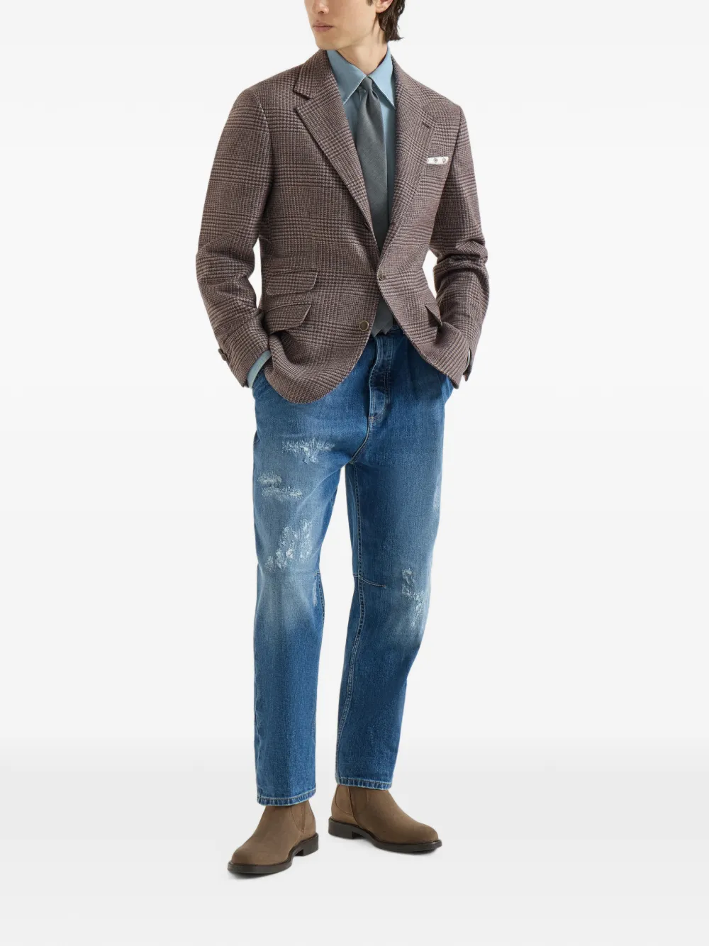 Brunello Cucinelli Prince of Wales Cavallo gedeconstrueerde flanellen blazer van wol en kasjmier Bruin