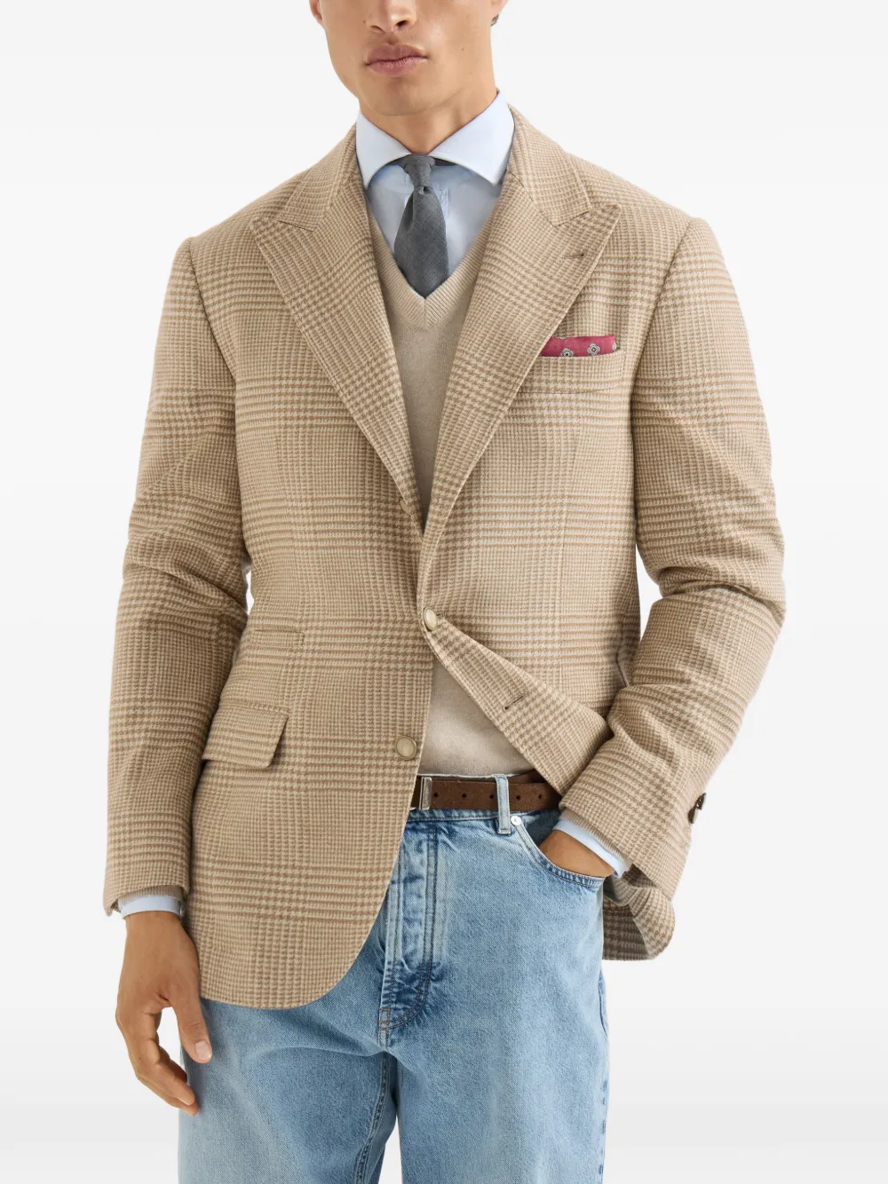 Brunello Cucinelli Prince of Wales flanellen gedeconstrueerde blazer met grote puntige revers Beige