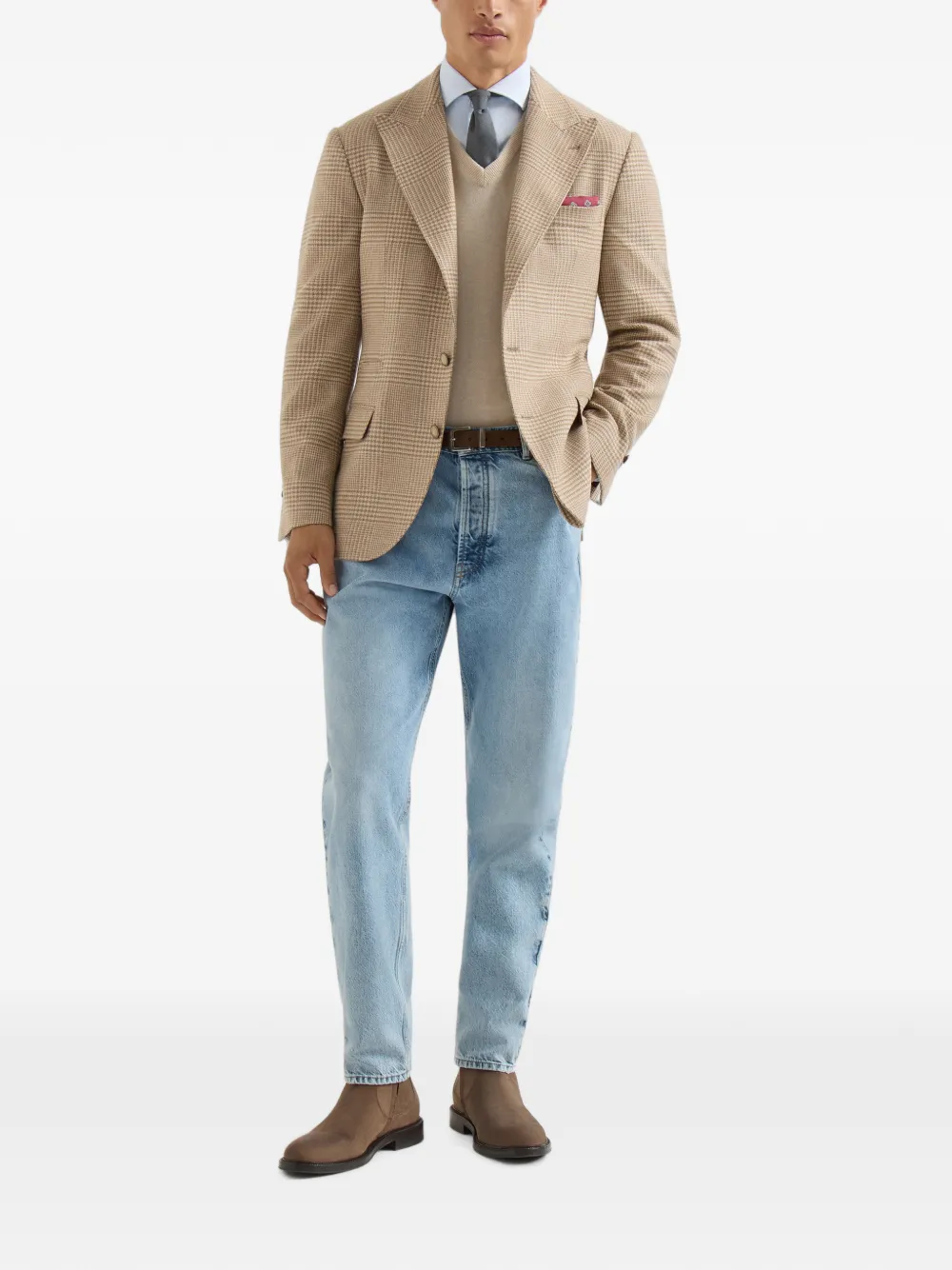 Brunello Cucinelli Prince of Wales flanellen gedeconstrueerde blazer met grote puntige revers Beige