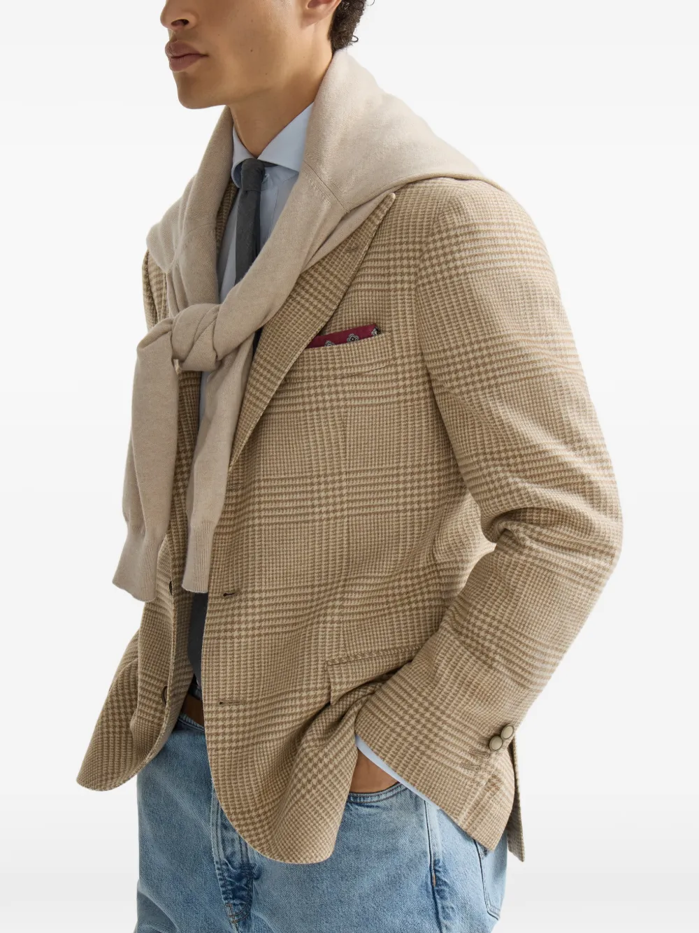 Brunello Cucinelli Prince of Wales flanellen gedeconstrueerde blazer met grote puntige revers Beige