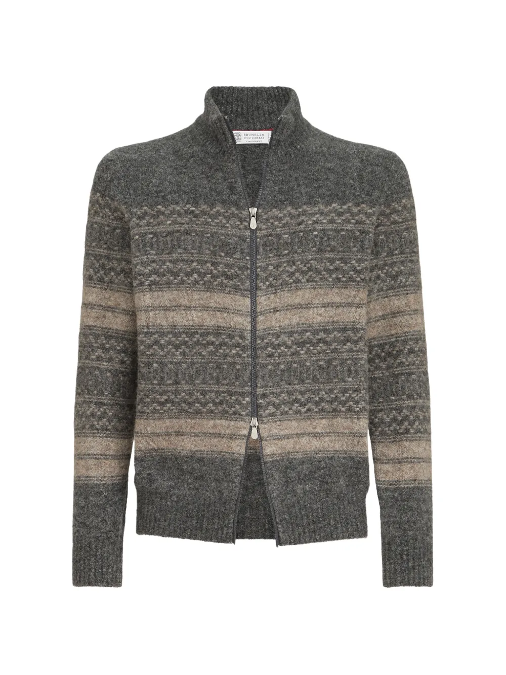 Brunello Cucinelli alpaca, cashmere and wool nordic jacquard high-neck cardigan with zip - Grigio