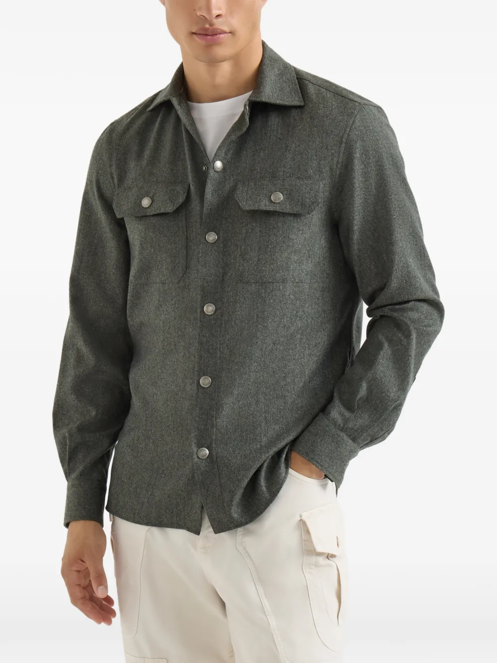 Brunello Cucinelli Flanellen shirtjack met gespreide kraag en borstzakken Groen
