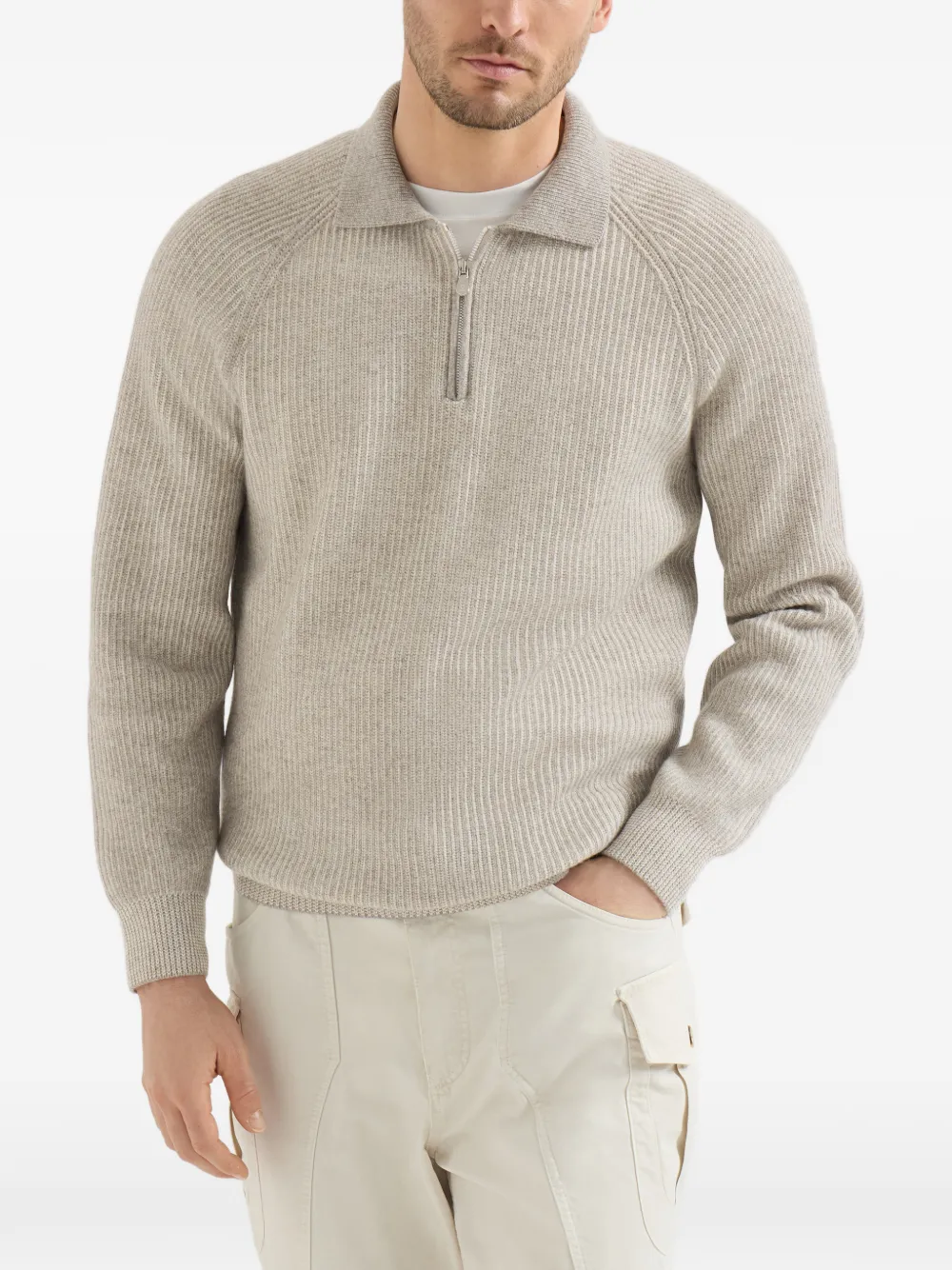 Brunello Cucinelli Trui met halve rits Beige