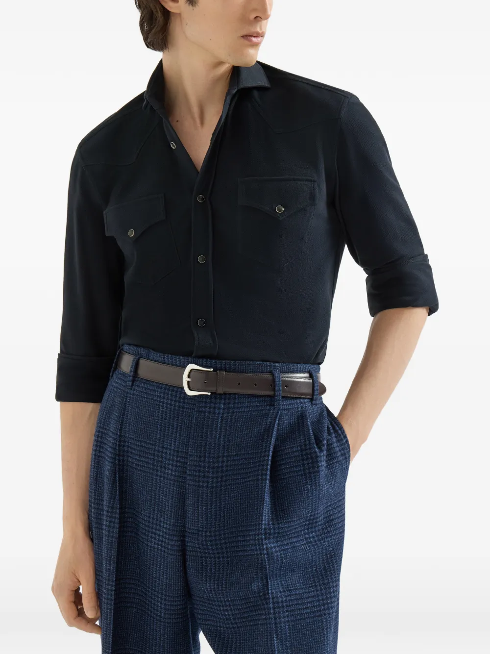 Brunello Cucinelli Western katoenen-piqué overhemd Blauw