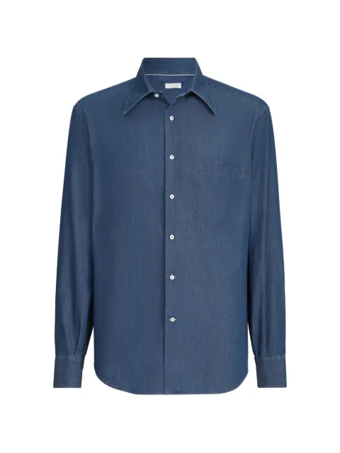 Brunello Cucinelli camisa vaquera liviana con cuello italiano y bolsillo en el pecho