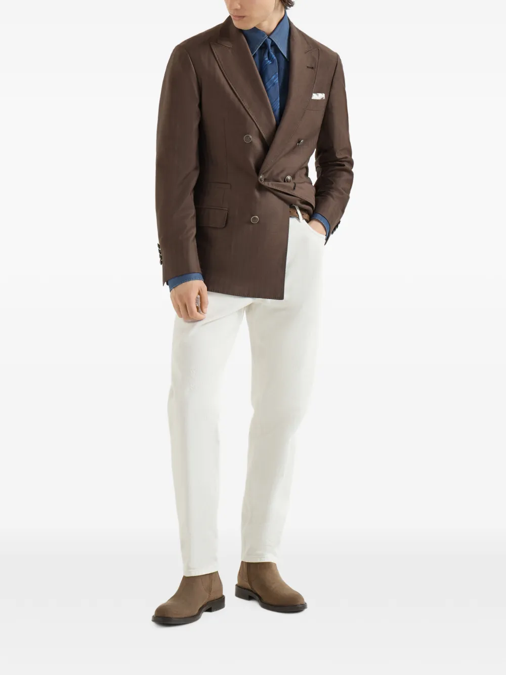 Brunello Cucinelli Lichtgewicht denim overhemd met Italiaanse kraag en borstzak Blauw