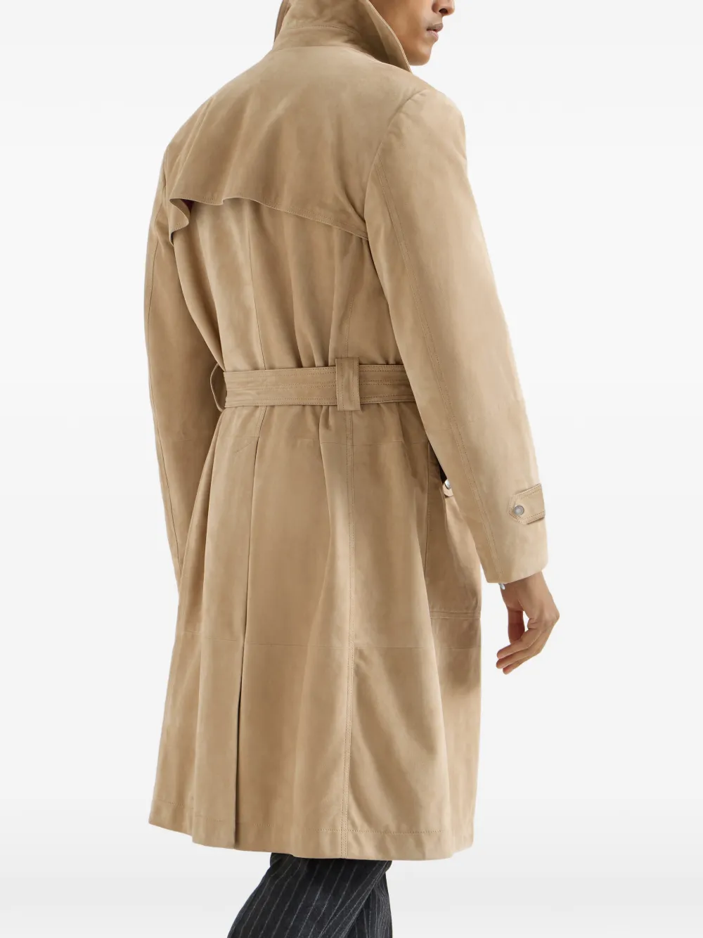 Brunello Cucinelli Suède trenchcoat met nappaleren inzetstukken Beige