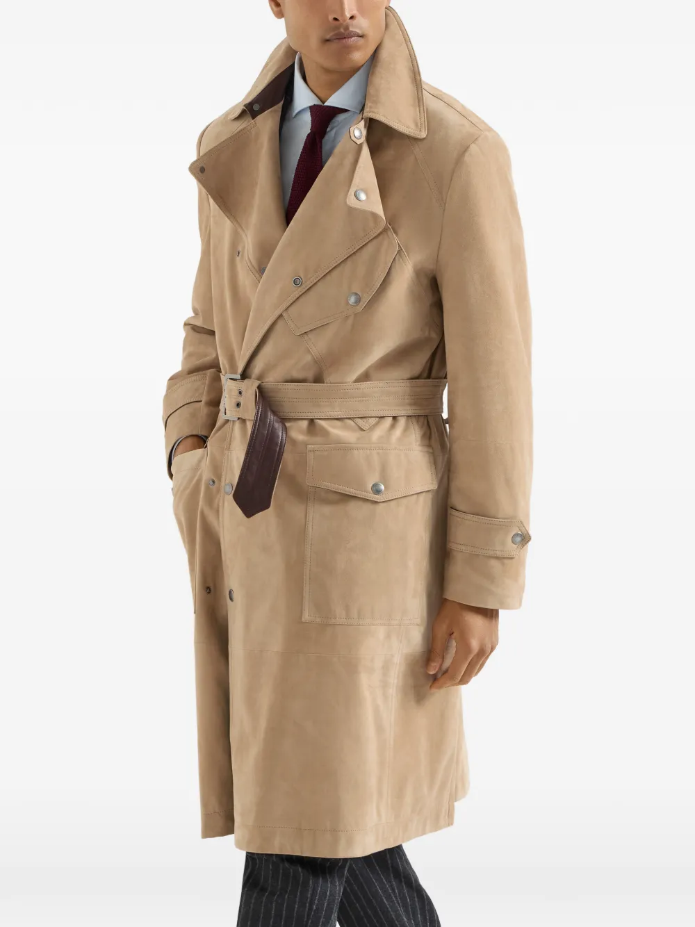 Brunello Cucinelli Suède trenchcoat met nappaleren inzetstukken Beige