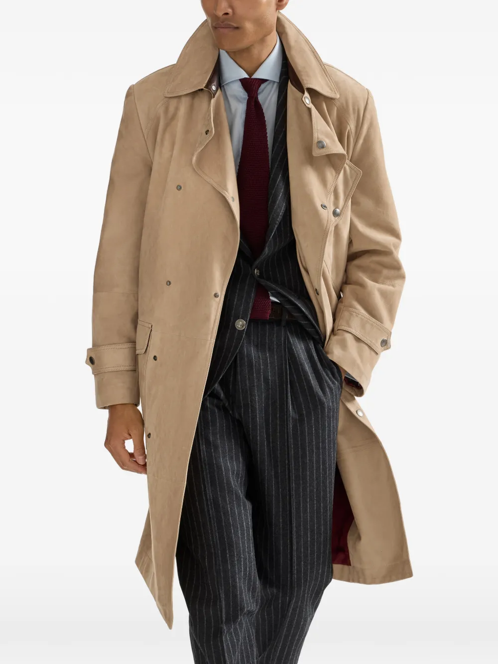 Brunello Cucinelli Suède trenchcoat met nappaleren inzetstukken Beige