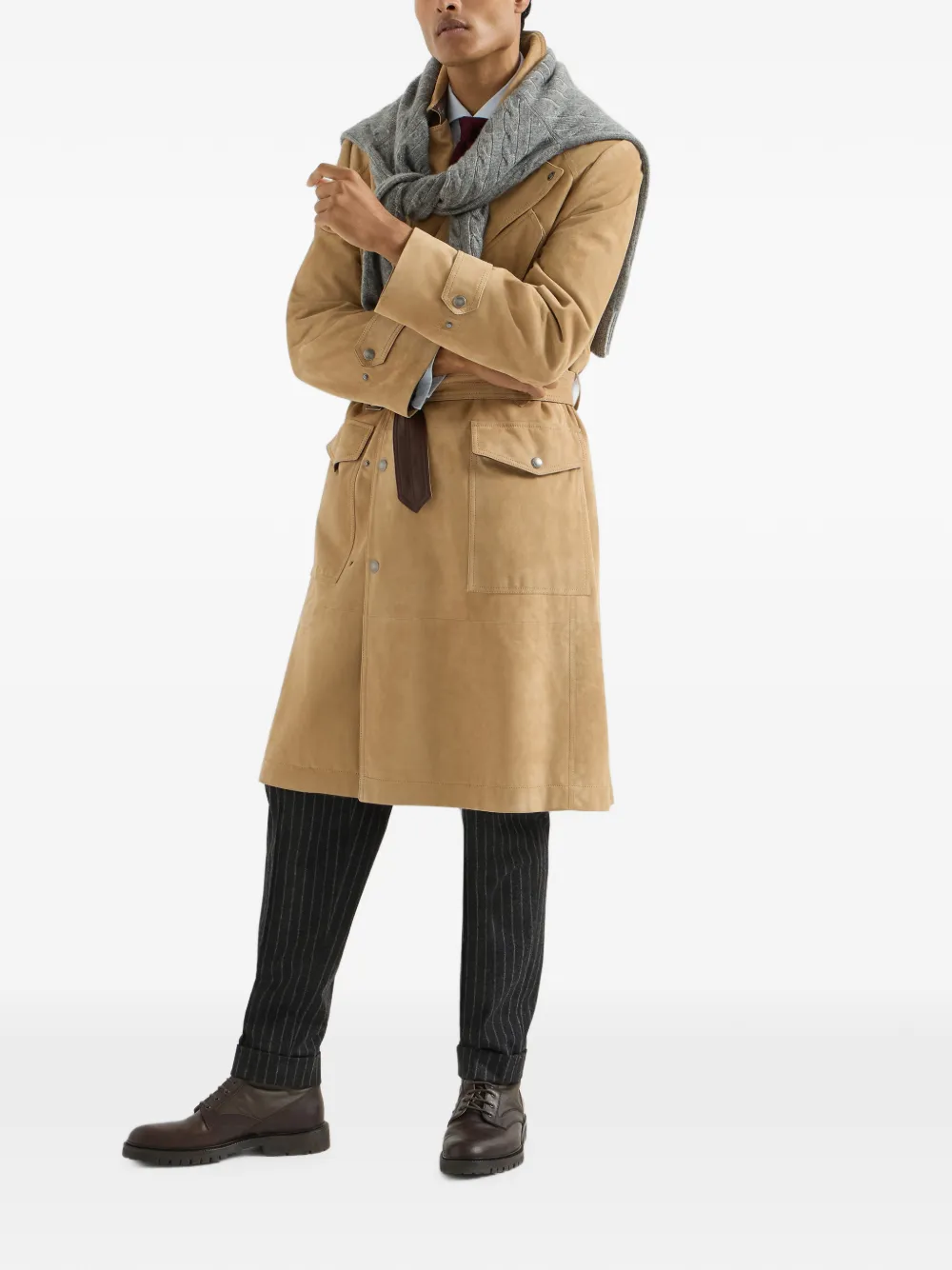 Brunello Cucinelli Suède trenchcoat met nappaleren inzetstukken Beige