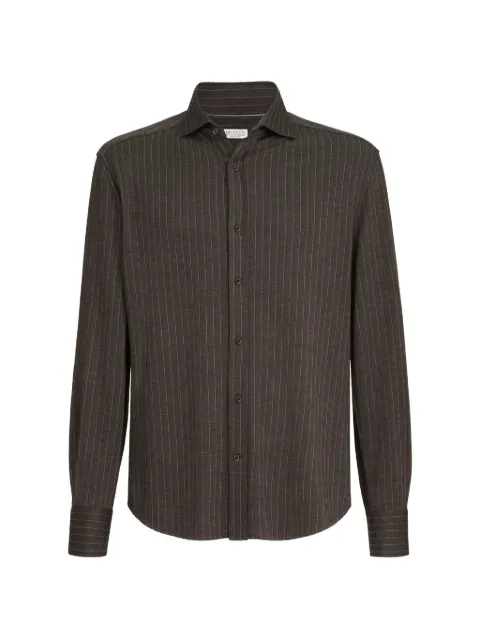 Brunello Cucinelli Camicia in piqué a righe in lana vergine, seta e cotone con colletto spead