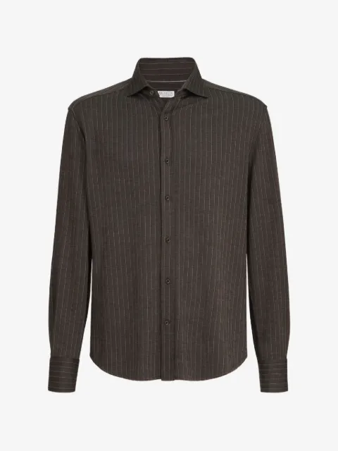 Brunello Cucinelli 스피드 칼라 버진 울, 실크 앤 코튼 초크 스트라이프 피케 셔츠