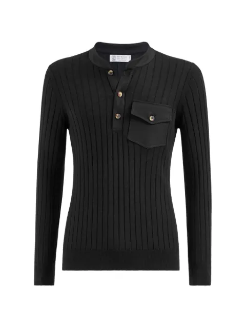 Brunello Cucinelli cashmere and silk ribbed sweater with Henley collar and chest pocket