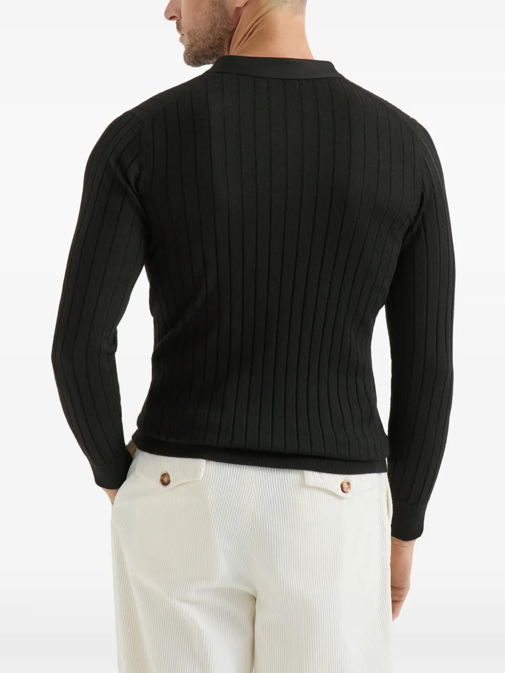 Brunello Cucinelli cashmere and silk ribbed sweater with Henley collar and chest pocket Zwart