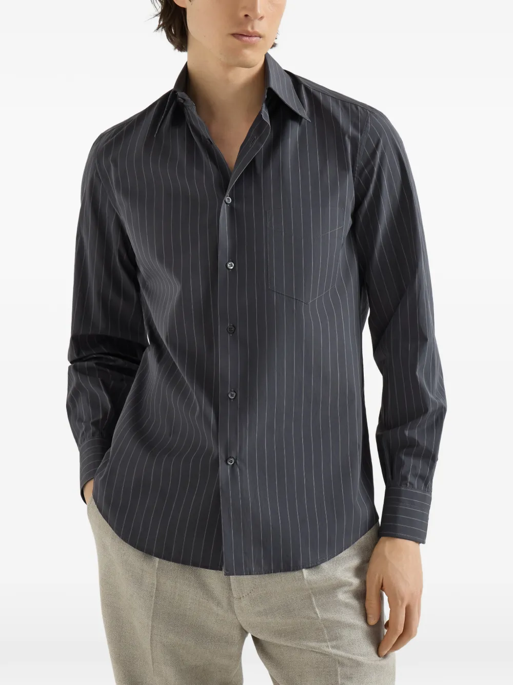 Brunello Cucinelli Shirtjack met krijtstreep en Italiaanse kraag en borstzak Grijs