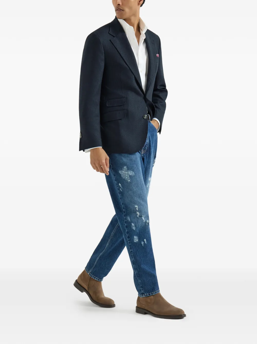 Brunello Cucinelli Mouliné scheerwollen twill gedeconstrueerde Cavallo blazer met metalen knopen Blauw