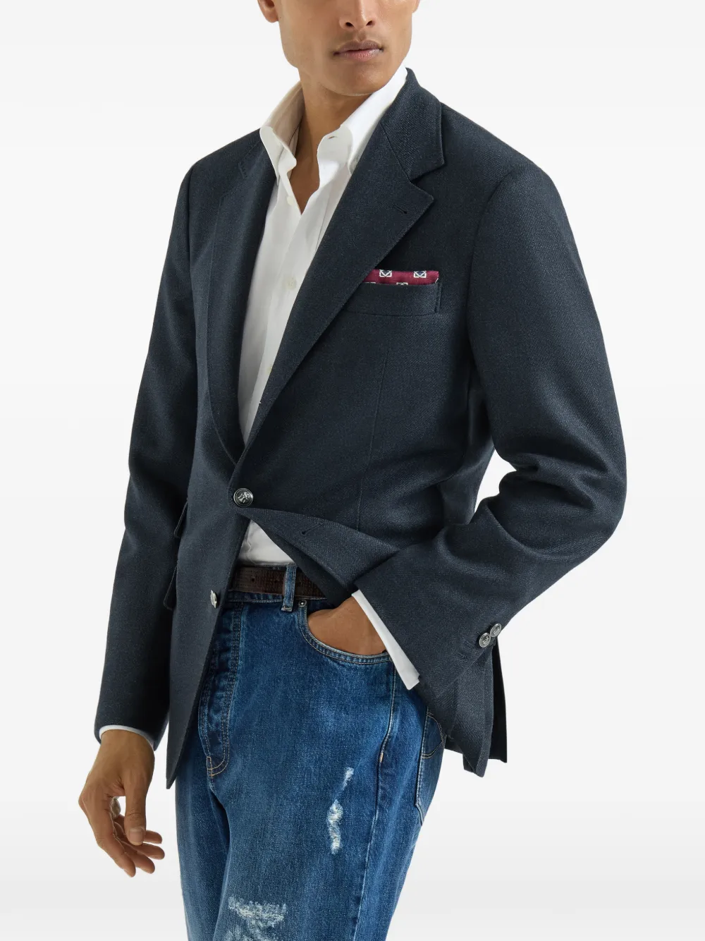 Brunello Cucinelli Mouliné scheerwollen twill gedeconstrueerde Cavallo blazer met metalen knopen Blauw