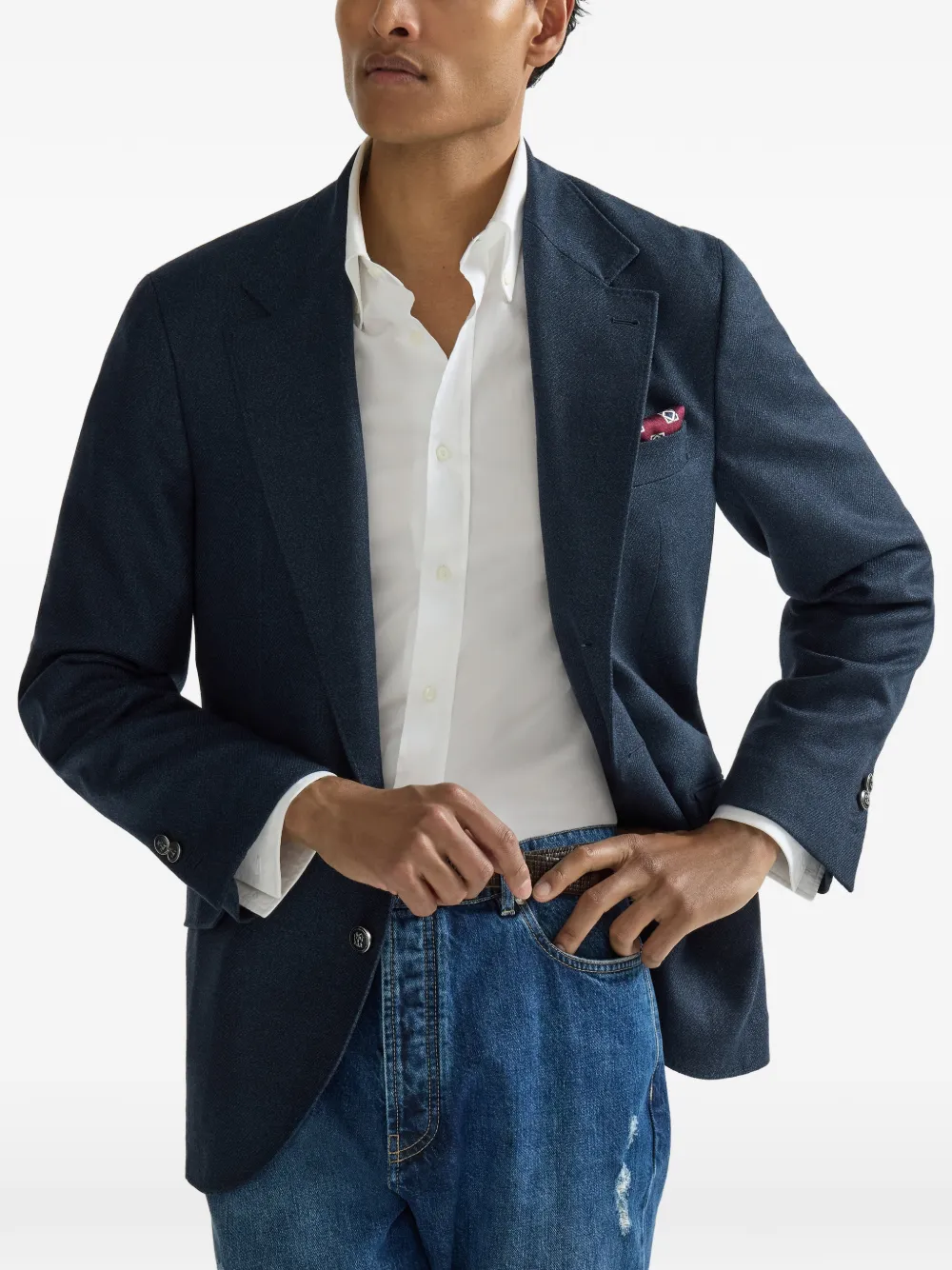 Brunello Cucinelli Mouliné scheerwollen twill gedeconstrueerde Cavallo blazer met metalen knopen Blauw
