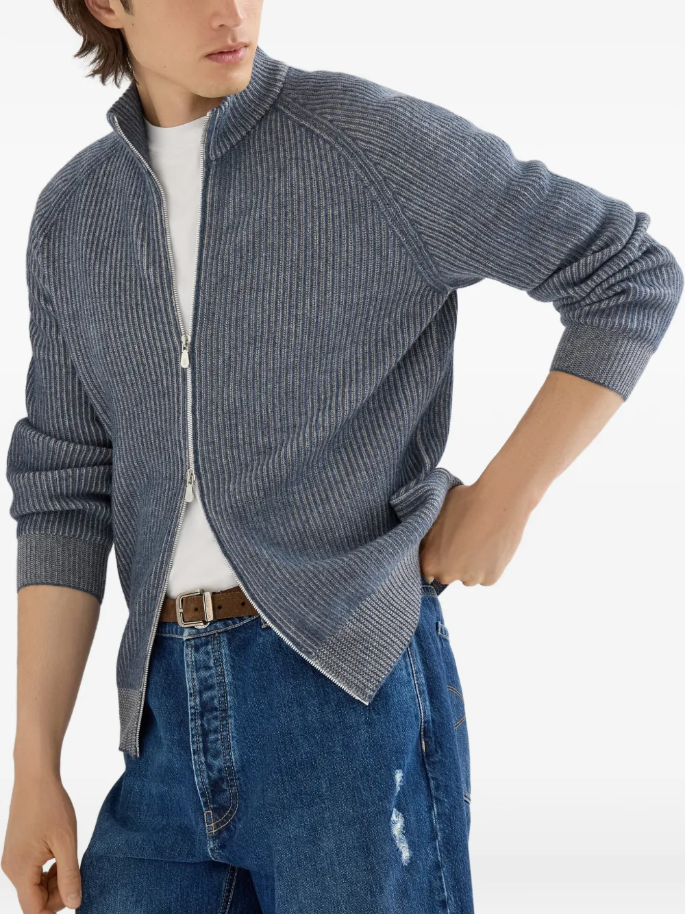 Brunello Cucinelli Kasjmier geribbeld vest met hoge hals en rits Grijs