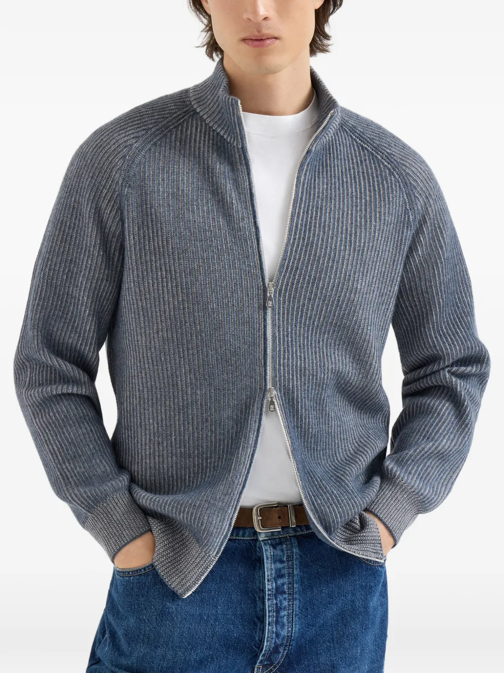 Brunello Cucinelli Kasjmier geribbeld vest met hoge hals en rits Grijs