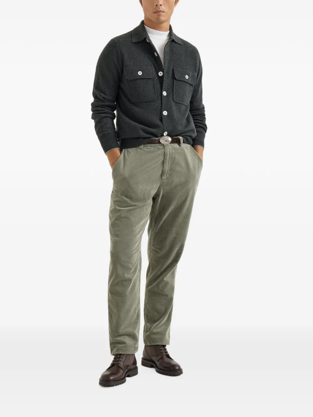 Brunello Cucinelli garment-dyed corduroy trousers Groen