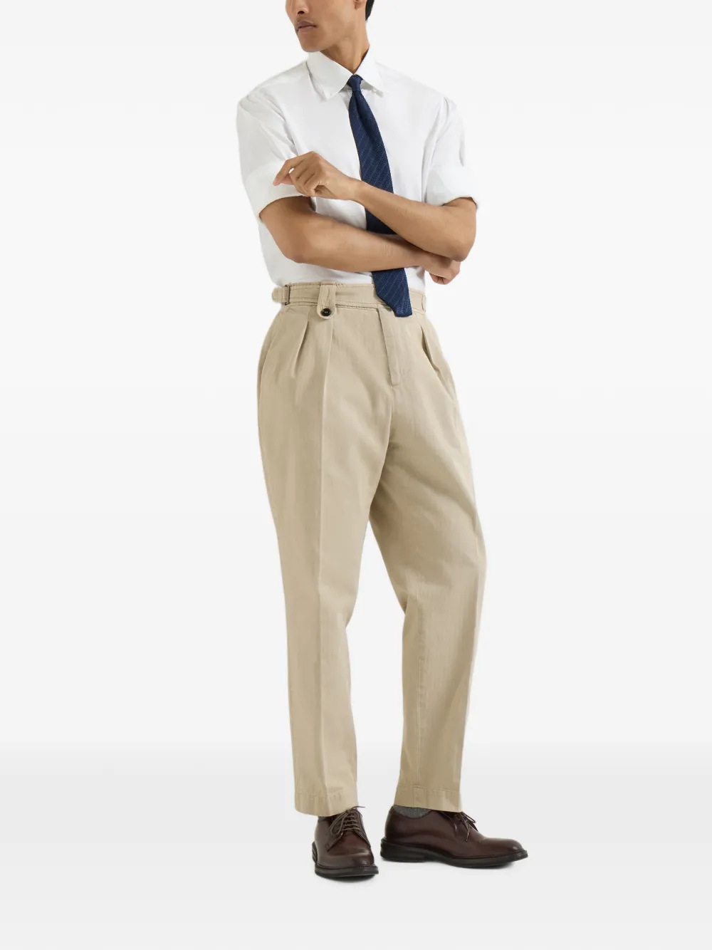 Brunello Cucinelli Katoenen-chevron broek met dubbele plooien Beige