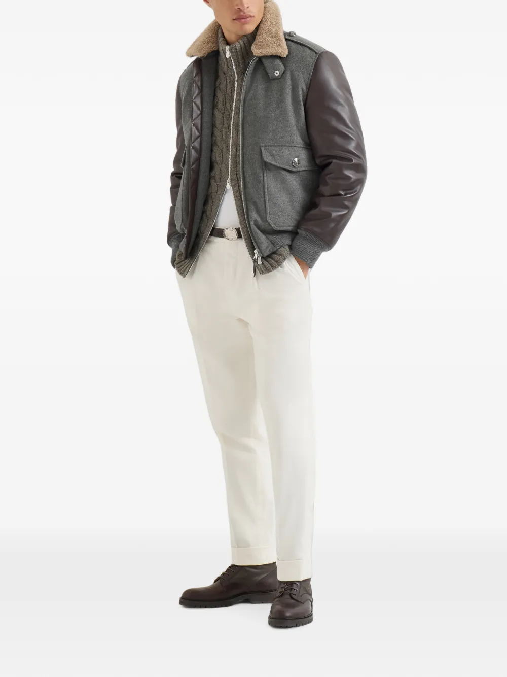  Brunello Cucinelli Bonded Cashmere Beaver Cloth And Nappa Leather Bomber Jacket With Thermore® Padding And Detachable Shearling Collar - Gris 