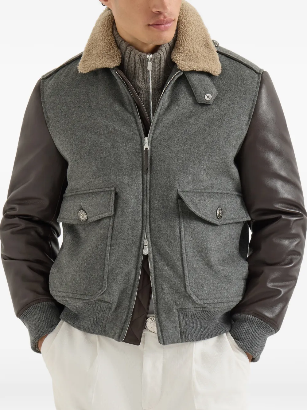  Brunello Cucinelli Bonded Cashmere Beaver Cloth And Nappa Leather Bomber Jacket With Thermore® Padding And Detachable Shearling Collar - Gris 