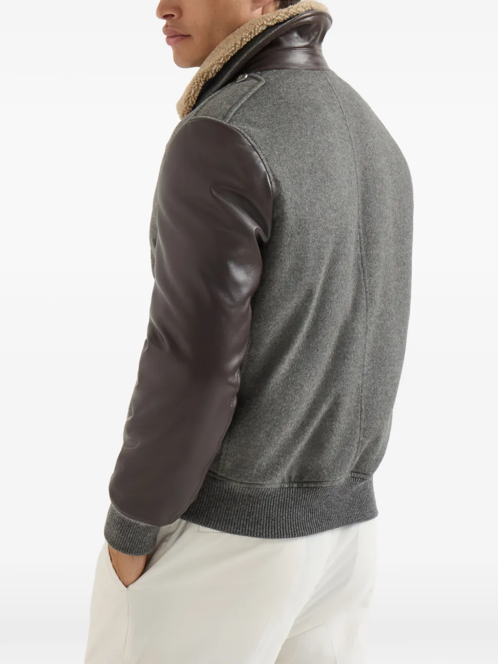 Brunello Cucinelli Nappa leren en kasjmier bomberjack met Thermore -vulling en afneembare lammy kraag Grijs