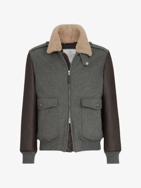 Brunello Cucinelli Bonded cashmere beaver cloth and nappa leather bomber jacket with Thermore® padding and detachable shearling collar