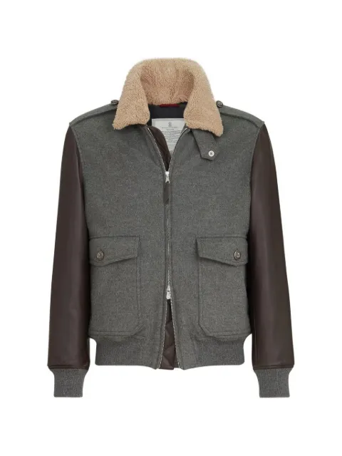 Brunello Cucinelli Bonded cashmere beaver cloth and nappa leather bomber jacket with Thermore® padding and detachable shearling collar
