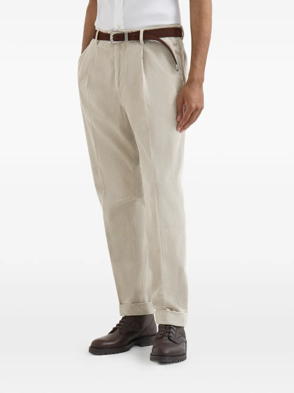 Brunello Cucinelli Katoenen ribfluwelen plooibroek met geverfd effect Beige