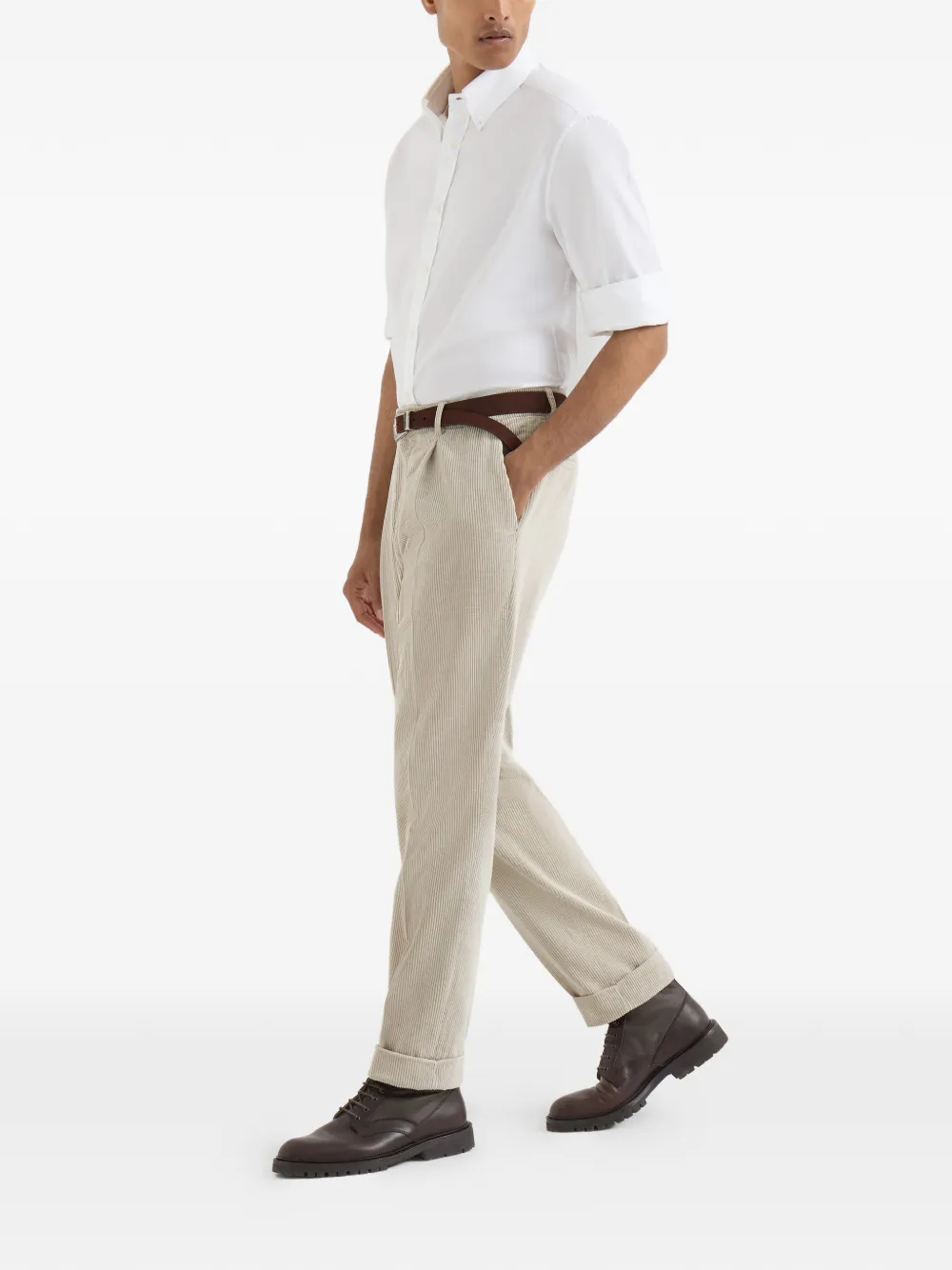 Brunello Cucinelli Katoenen ribfluwelen plooibroek met geverfd effect Beige