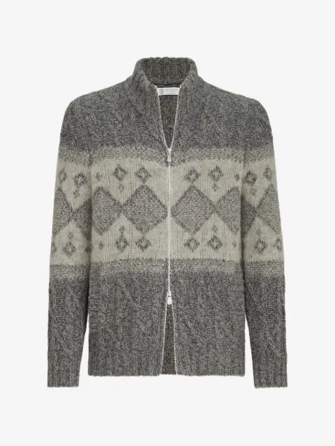 Brunello Cucinelli 버진 울 실크 앤 캐시미어 치네 케이블 니트 인타르시아 가디건