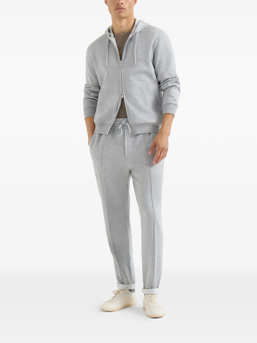 Brunello Cucinelli Katoenen jersey geribbeld T-shirt met ronde hals en denim-effect Bruin