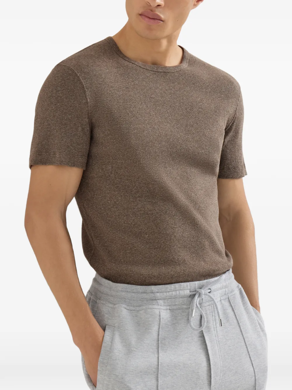 Brunello Cucinelli Katoenen jersey geribbeld T-shirt met ronde hals en denim-effect Bruin