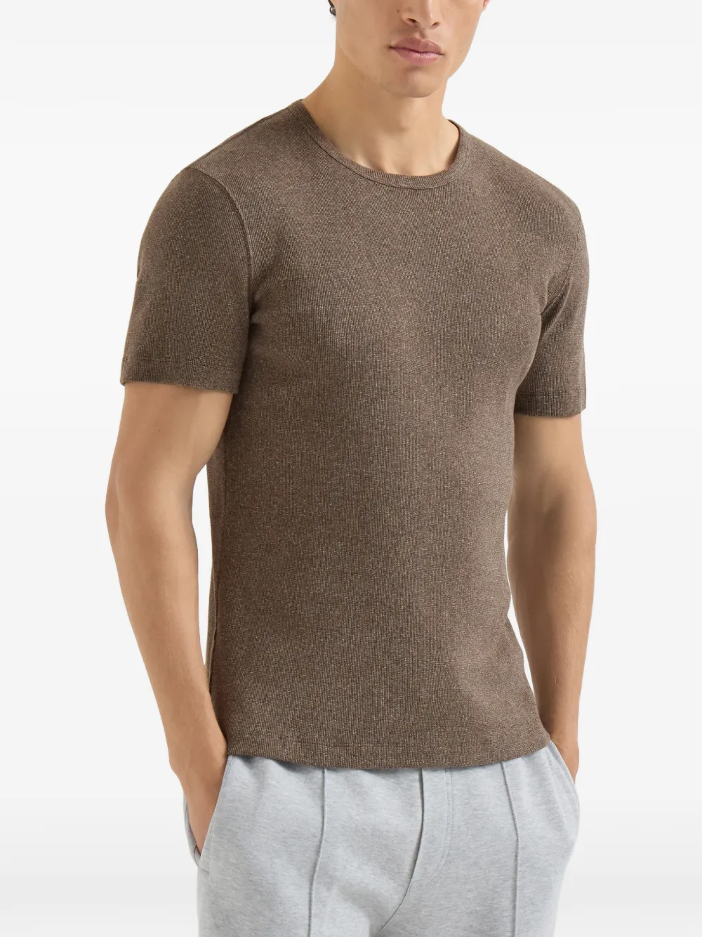 Brunello Cucinelli Katoenen jersey geribbeld T-shirt met ronde hals en denim-effect Bruin