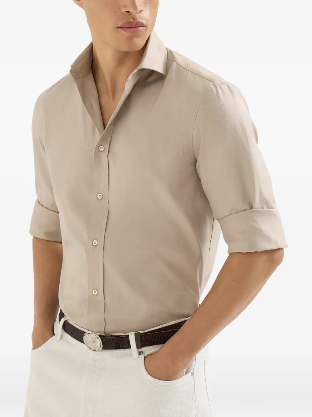 Brunello Cucinelli Geverfd twill overhemd met gespreide kraag Beige