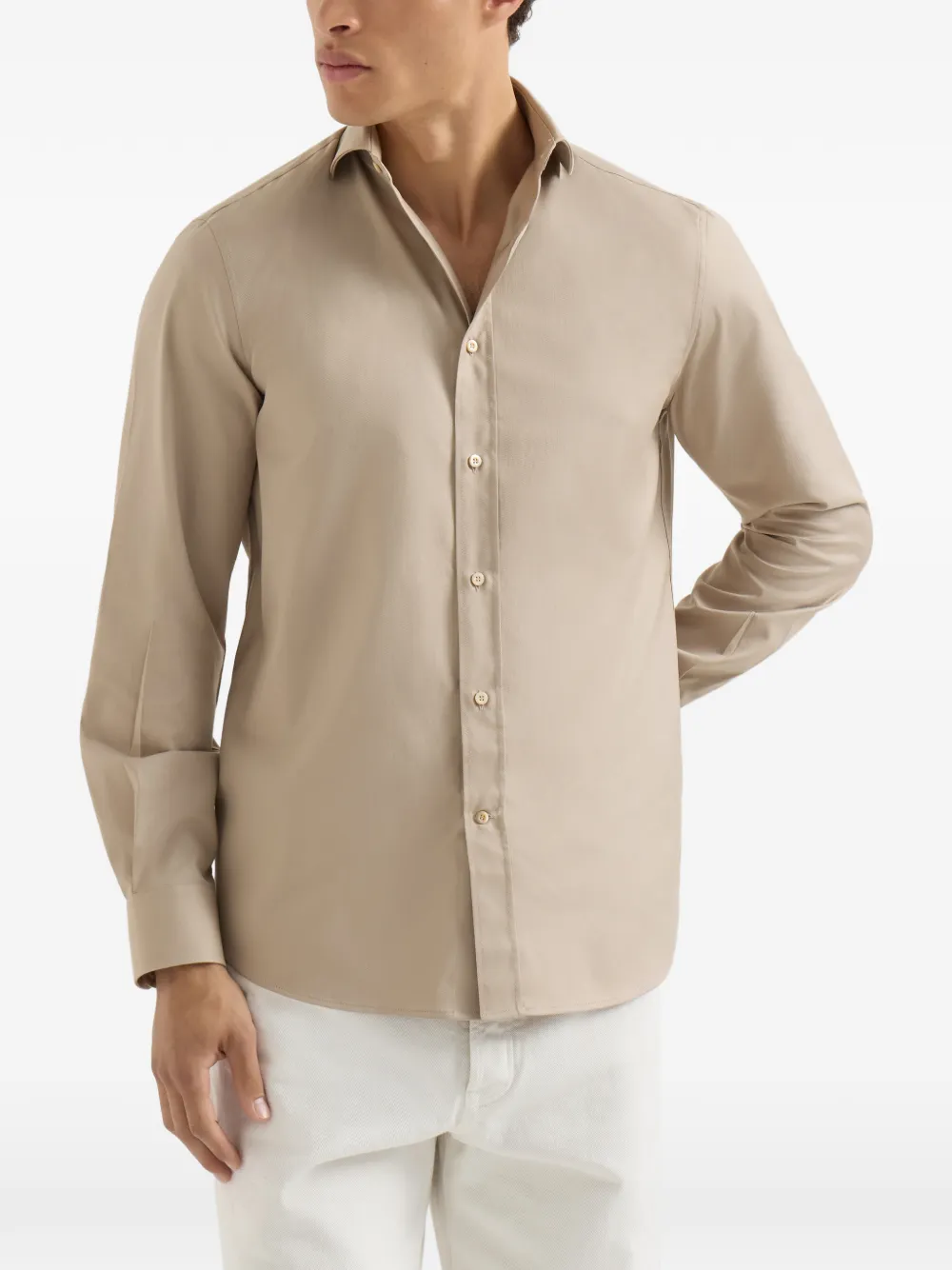 Brunello Cucinelli Geverfd twill overhemd met gespreide kraag Beige