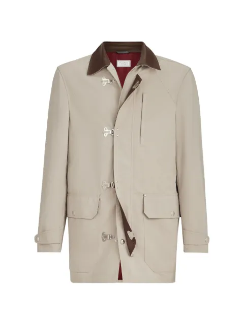 Brunello Cucinelli water-resistant microfiber outerwear jacket with hook fastening and nappa leather inserts