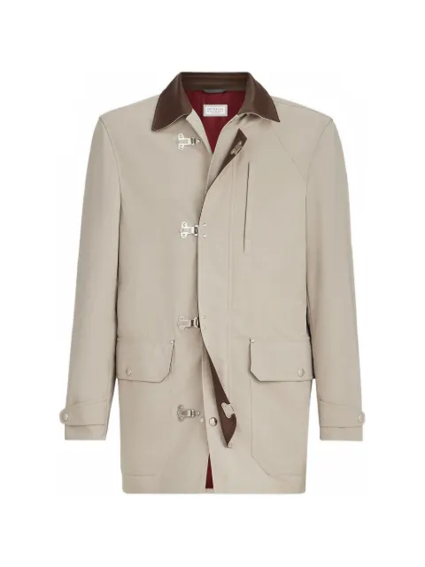 Brunello Cucinelli water-resistant microfiber outerwear jacket with hook fastening and nappa leather inserts
