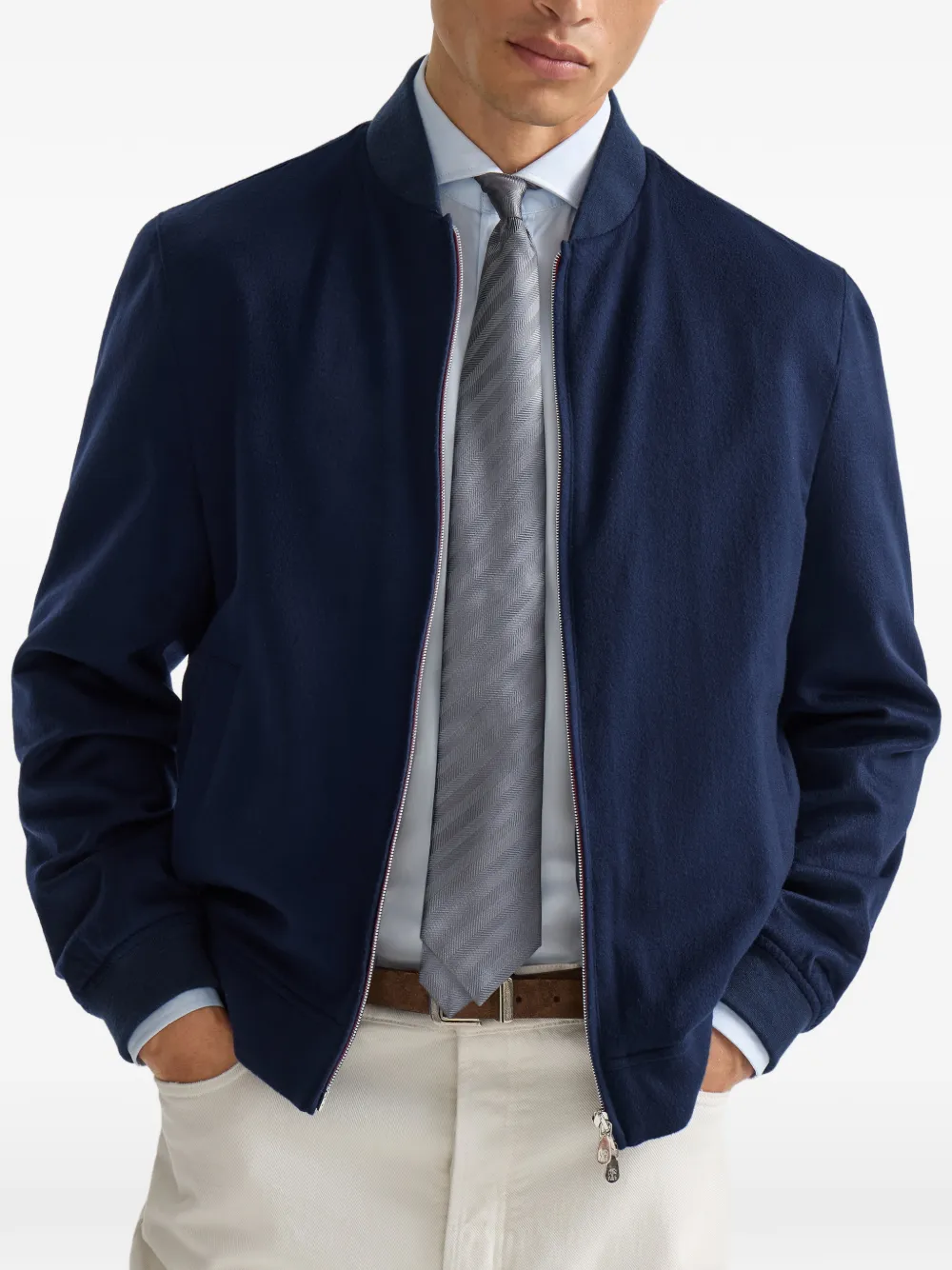 Brunello Cucinelli Lichtgewicht kasjmier flanellen bomberjack Blauw