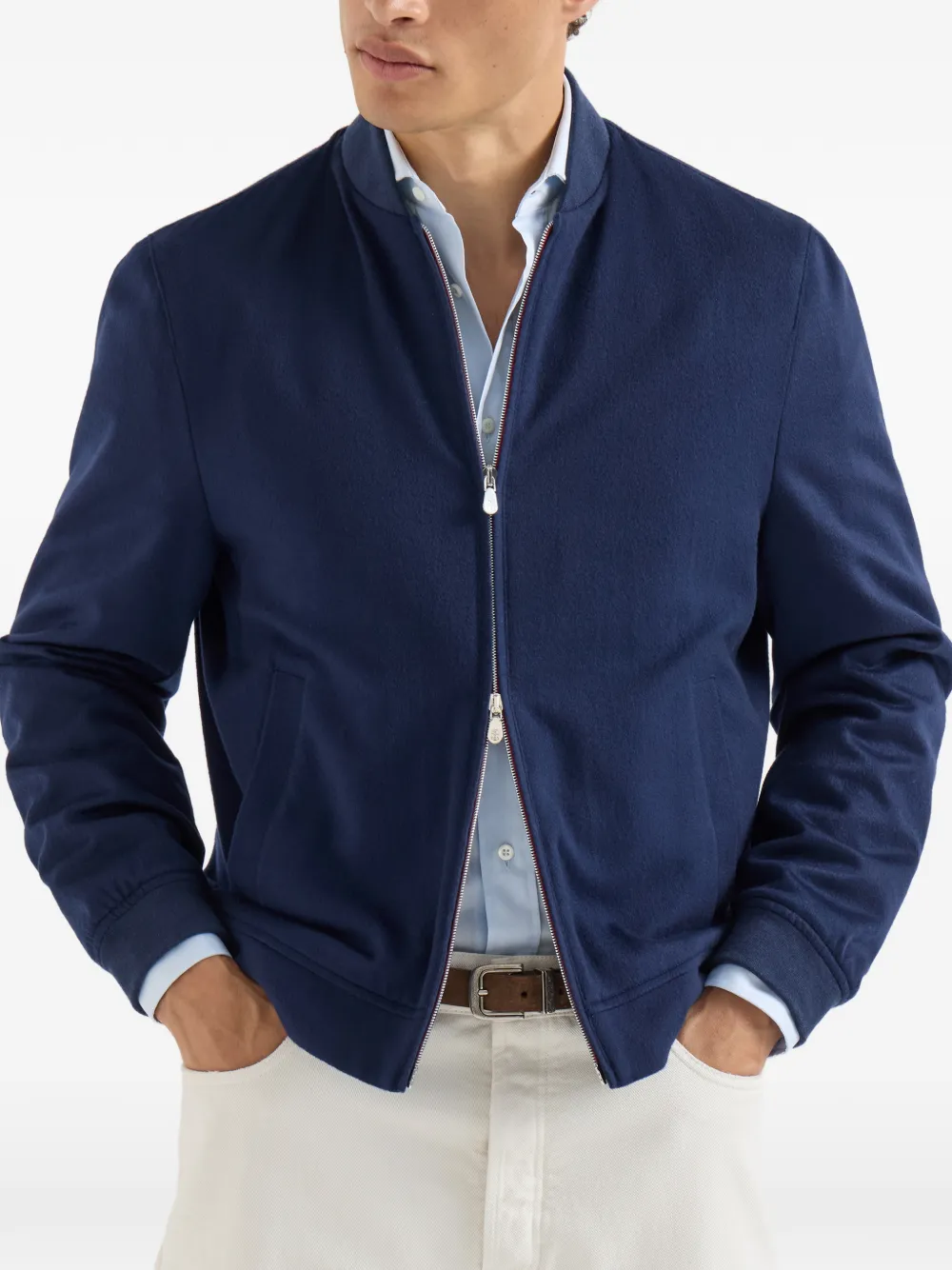 Brunello Cucinelli Lichtgewicht kasjmier flanellen bomberjack Blauw