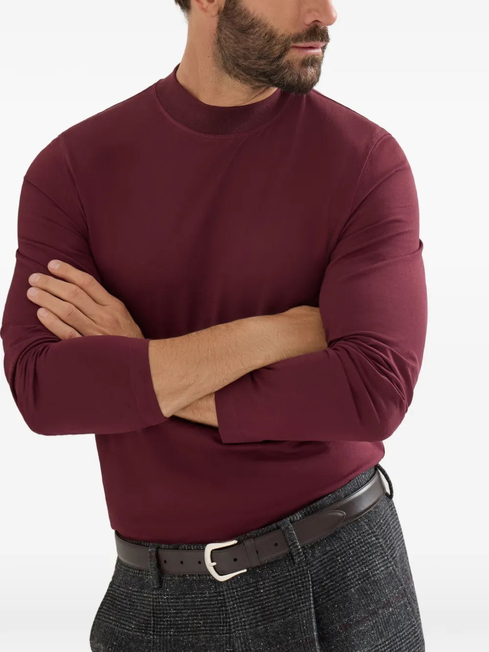 Brunello Cucinelli T-shirt van katoenjersey met lange mouwen en opstaande kraag Rood