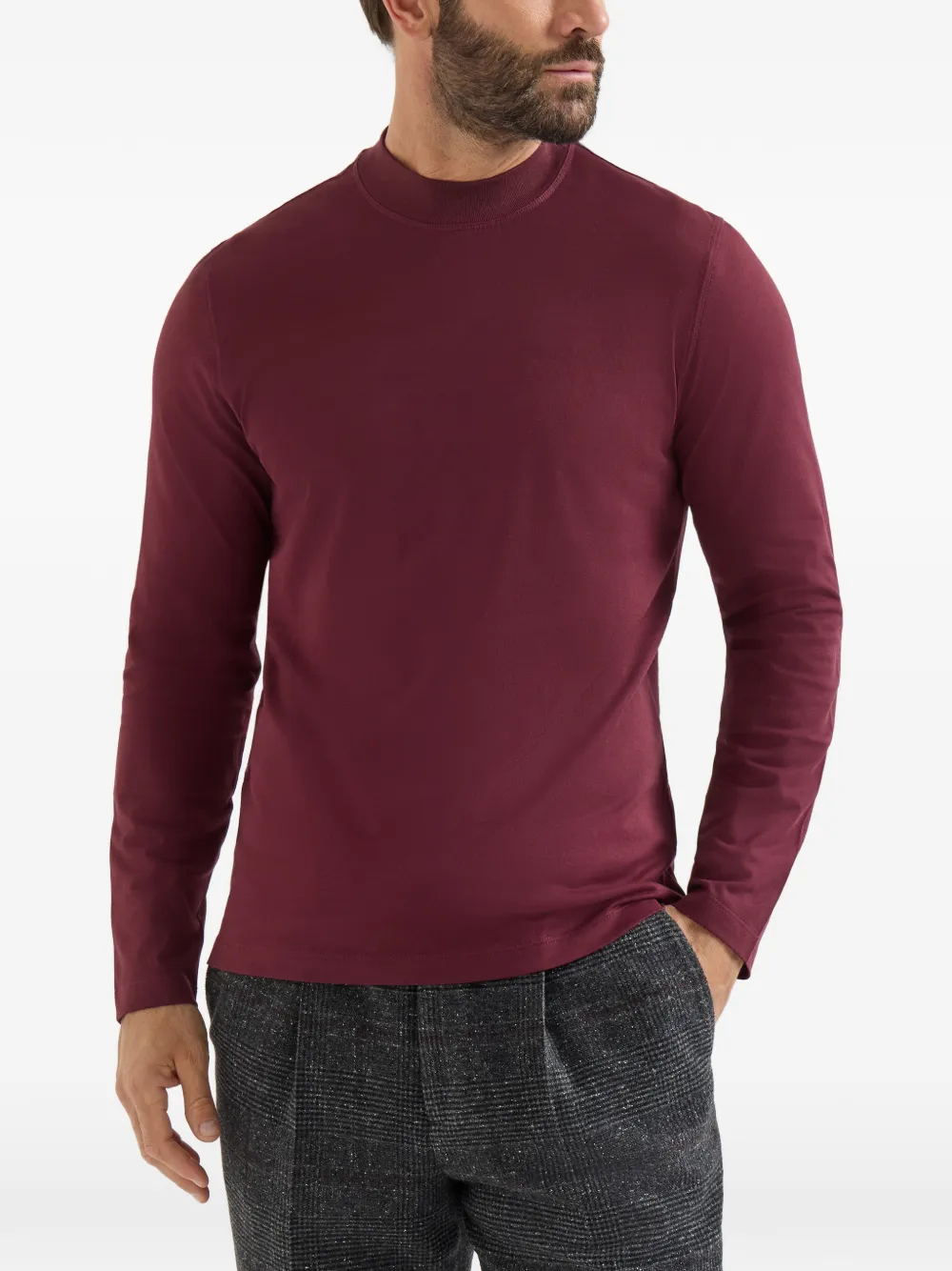 Brunello Cucinelli T-shirt van katoenjersey met lange mouwen en opstaande kraag Rood