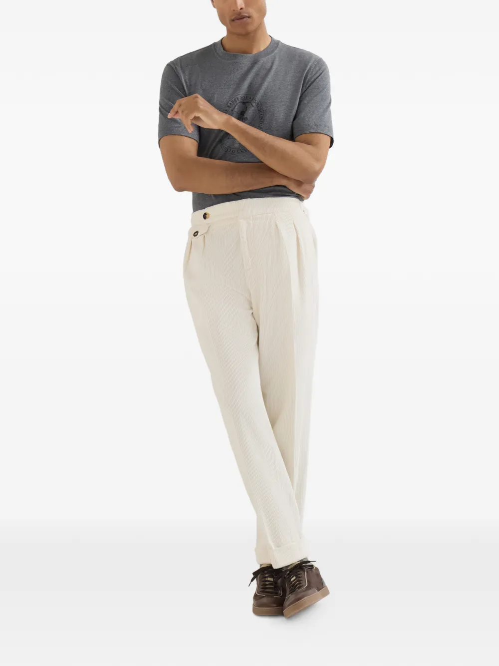 Brunello Cucinelli Katoenen fijngebreide ribfluwelen broek met dubbele plooien Beige