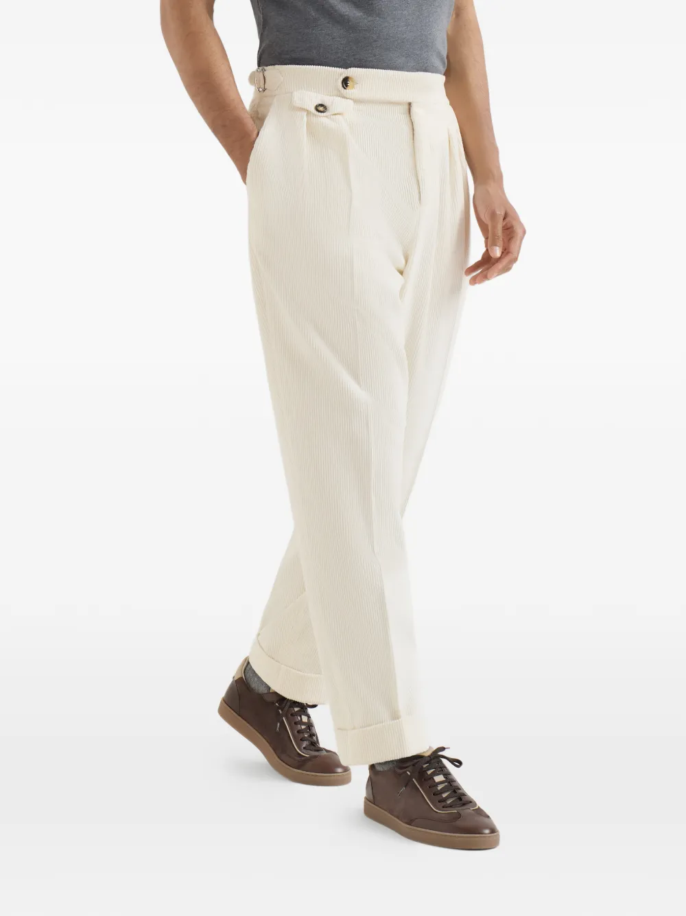 Brunello Cucinelli Katoenen fijngebreide ribfluwelen broek met dubbele plooien Beige