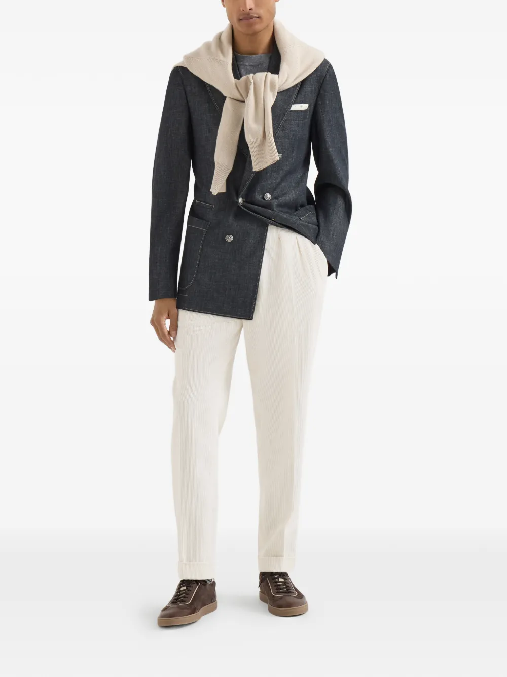 Brunello Cucinelli Katoenen fijngebreide ribfluwelen broek met dubbele plooien Beige